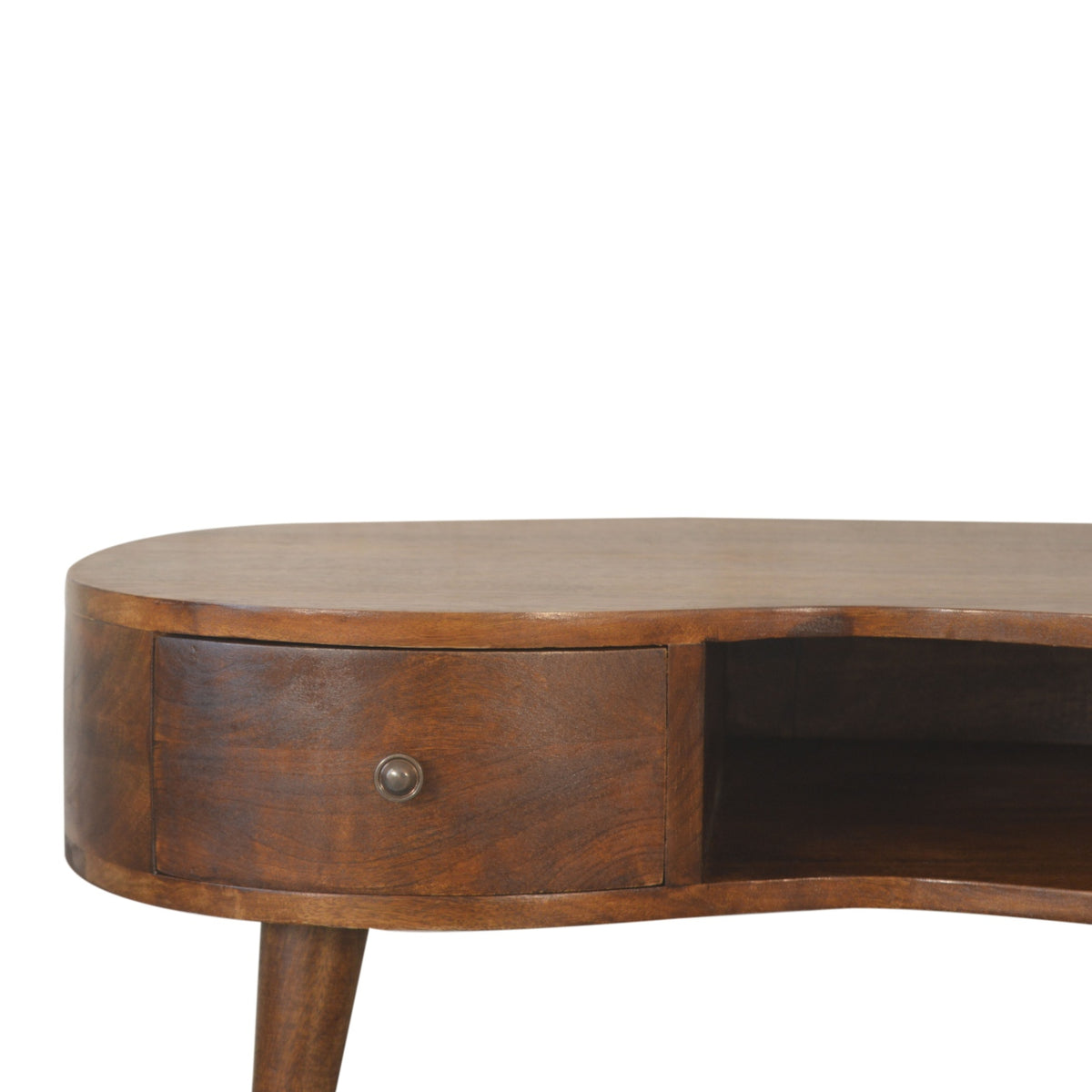 Salontafel Golf met lade van massief mangohout in kastanjetint – detail van lade en open vak