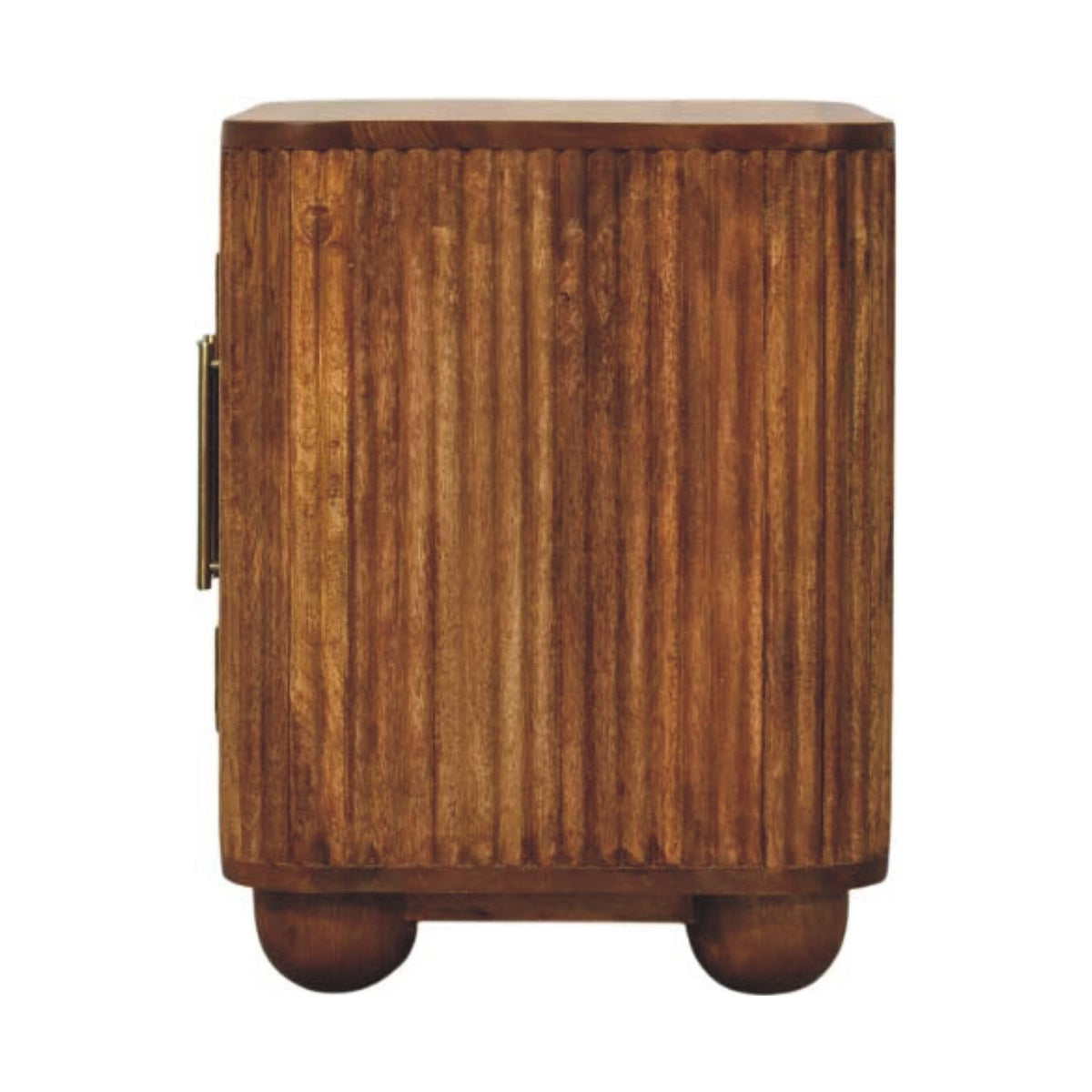 Mini-dressoir Zon met ribbels van massief mangohout in amber-eikentint – zijaanzicht