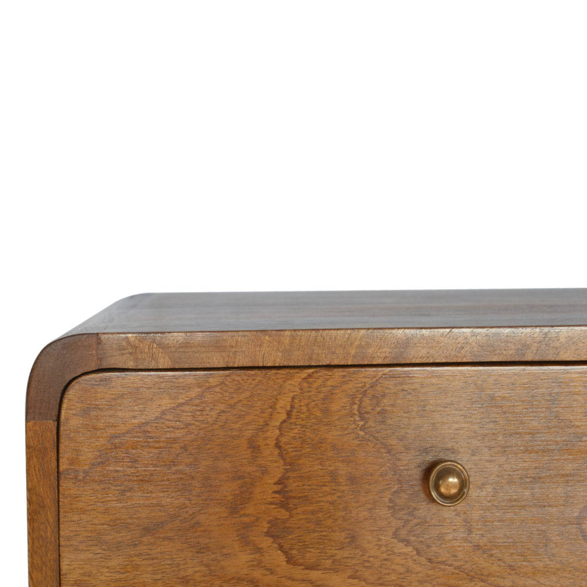 Wandnachtkastje Mos met twee lades van massief mangohout in kastanjetint – detail van de knop