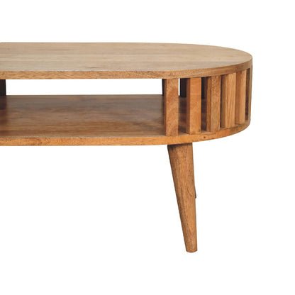 Salontafel Licht van massief mangohout in eikentint – detail van open vak en lamellen