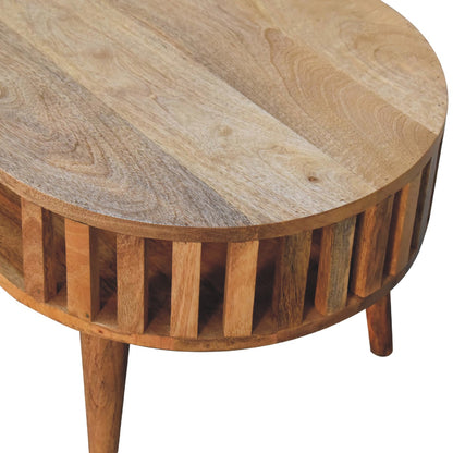 Salontafel Licht van massief mangohout in eikentint – detail van blad en lamellen