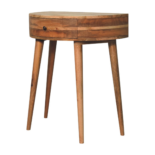 Halfronde Haltafel Schelp met lade van massief mangohout in lichte eikentint – schuin vooraanzicht