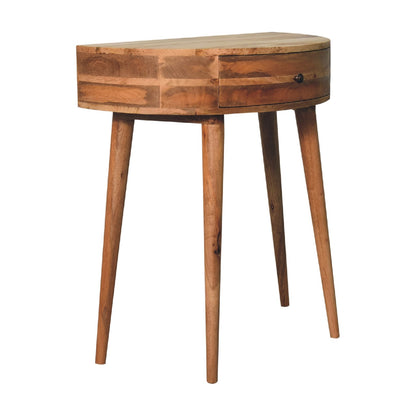 Halfronde Haltafel Schelp met lade van massief mangohout in lichte eikentint – schuin vooraanzicht van de andere kant