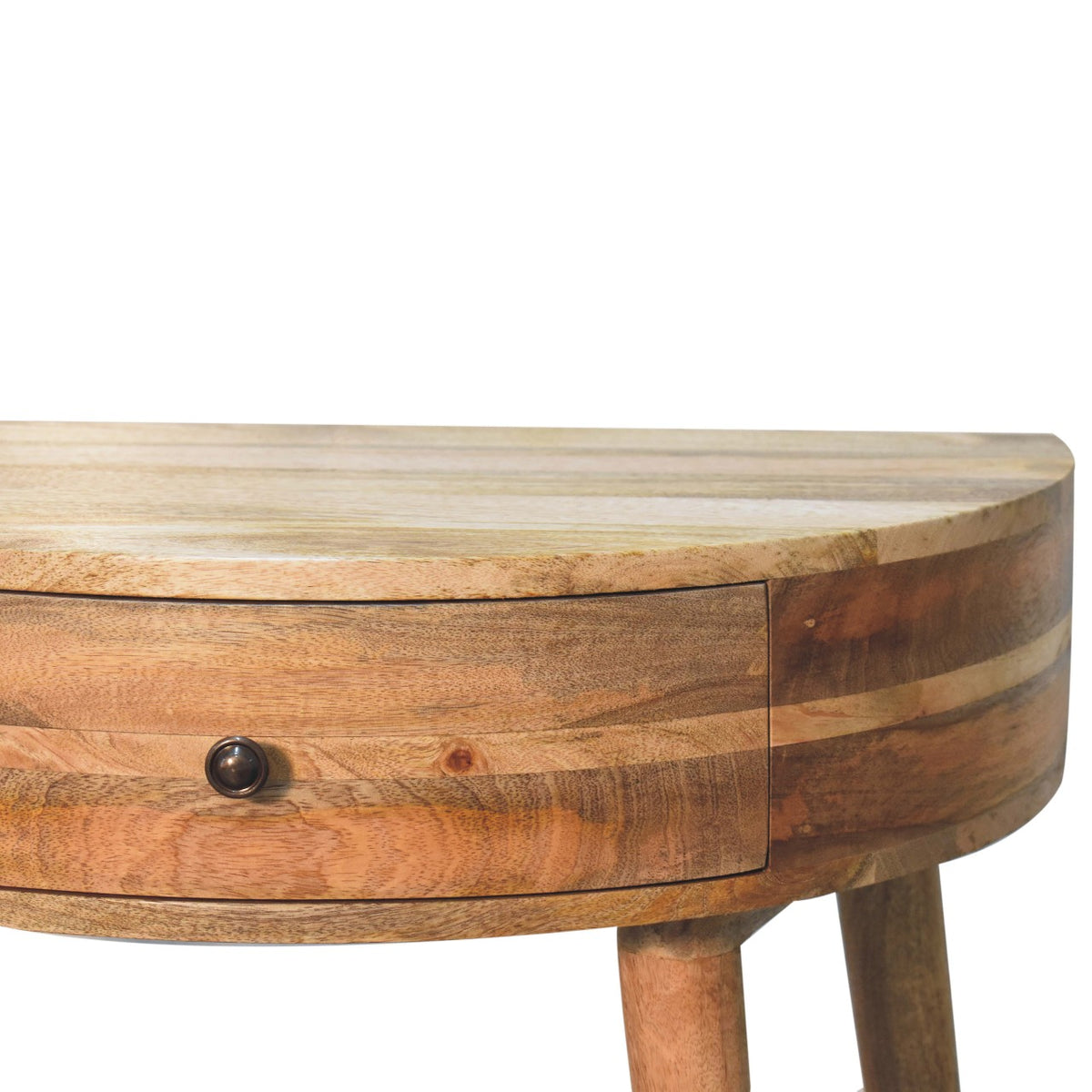 Halfronde Haltafel Schelp met lade van massief mangohout in lichte eikentint – detail van de lade en knop