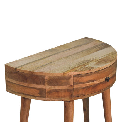 Halfronde Haltafel Schelp met lade van massief mangohout in lichte eikentint – detail van het halfronde blad