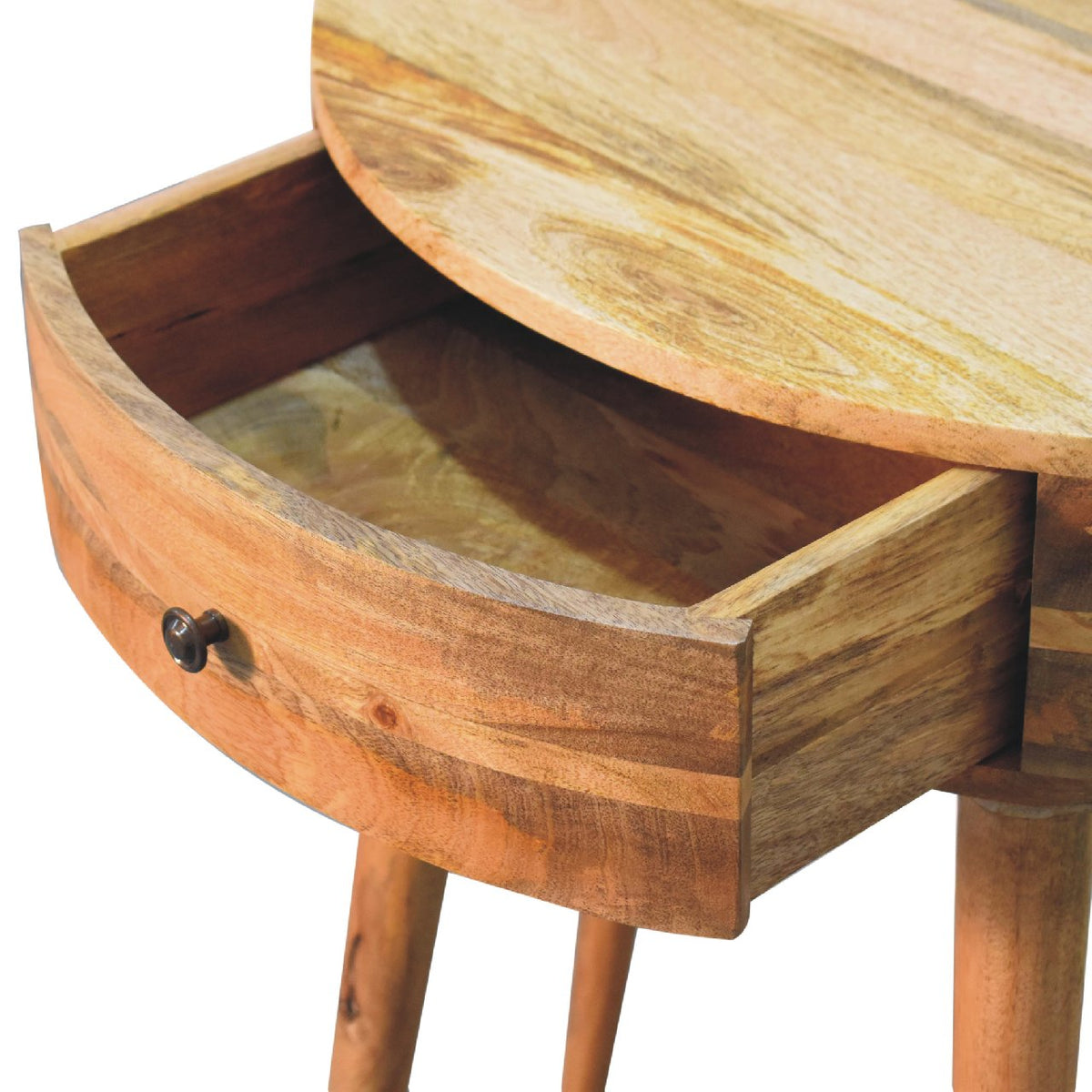 Halfronde Haltafel Schelp met lade van massief mangohout in lichte eikentint – met geopende lade