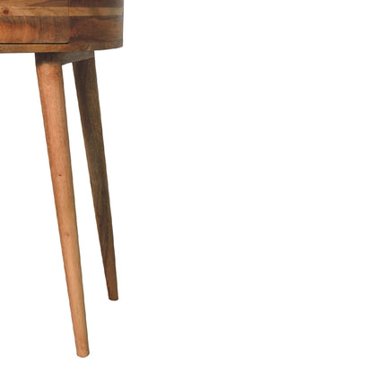 Halfronde Haltafel Schelp met lade van massief mangohout in lichte eikentint – detail van de slanke poten