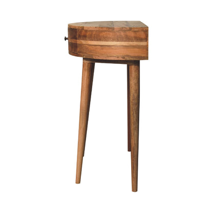 Halfronde Haltafel Schelp met lade van massief mangohout in lichte eikentint – zijaanzicht