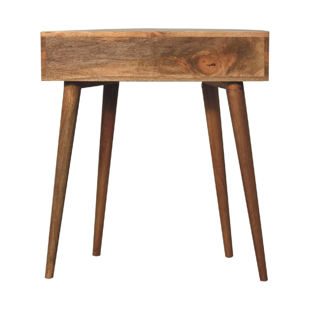 Halfronde Haltafel Schelp met lade van massief mangohout in lichte eikentint – achteraanzicht