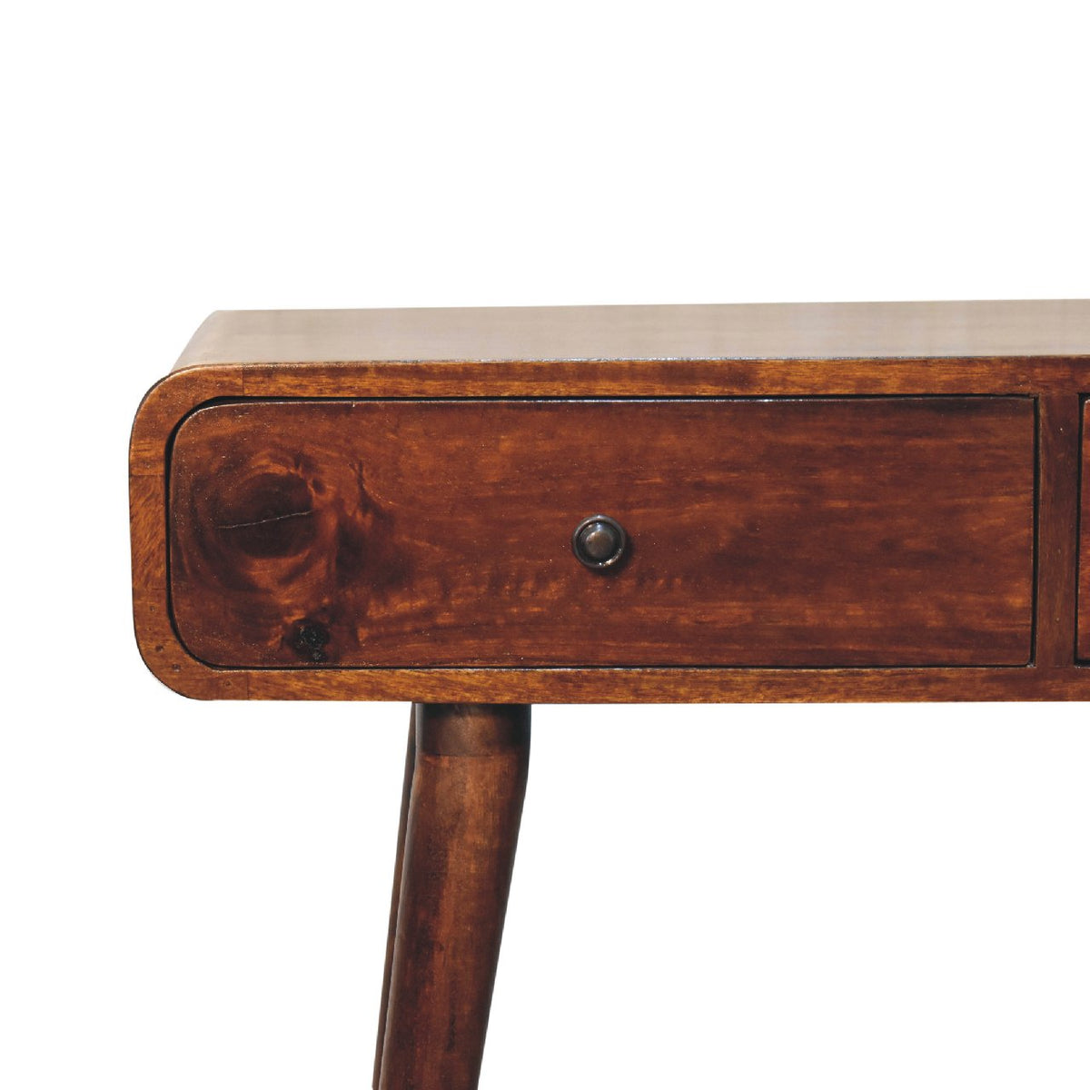 Haltafel Veer met twee lades van massief mangohout in kastanjetint – detail van de lade en knop