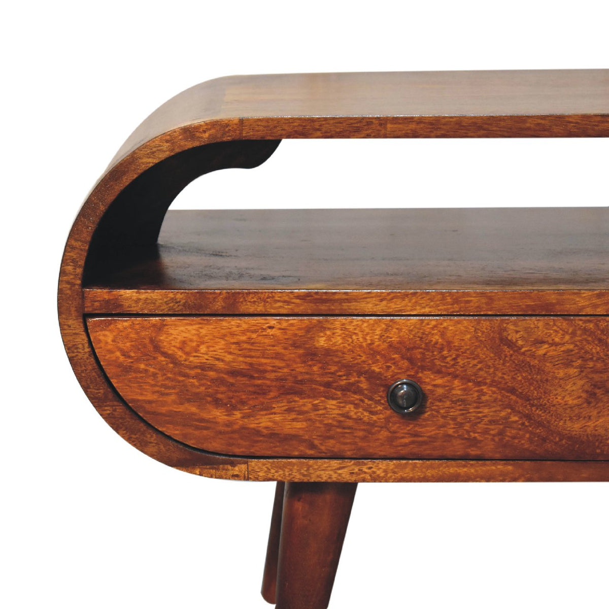Tv-meubel Kiezel, rond, met 2 lades van massief mangohout in kastanjetint – detail van lade en afgeronde zijkant