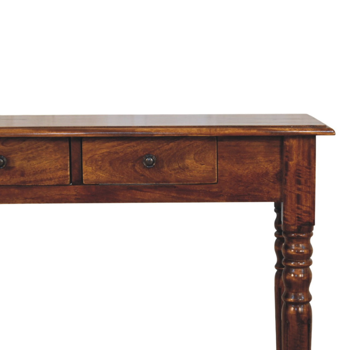 Console Kroon met drie lades en gedraaide poten van massief mangohout in kastanjetint – detail van de lade en knop