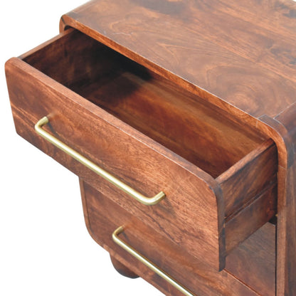 Ladekast Bol met drie lades van massief mangohout in Winewood Oak-tint – met geopende lade
