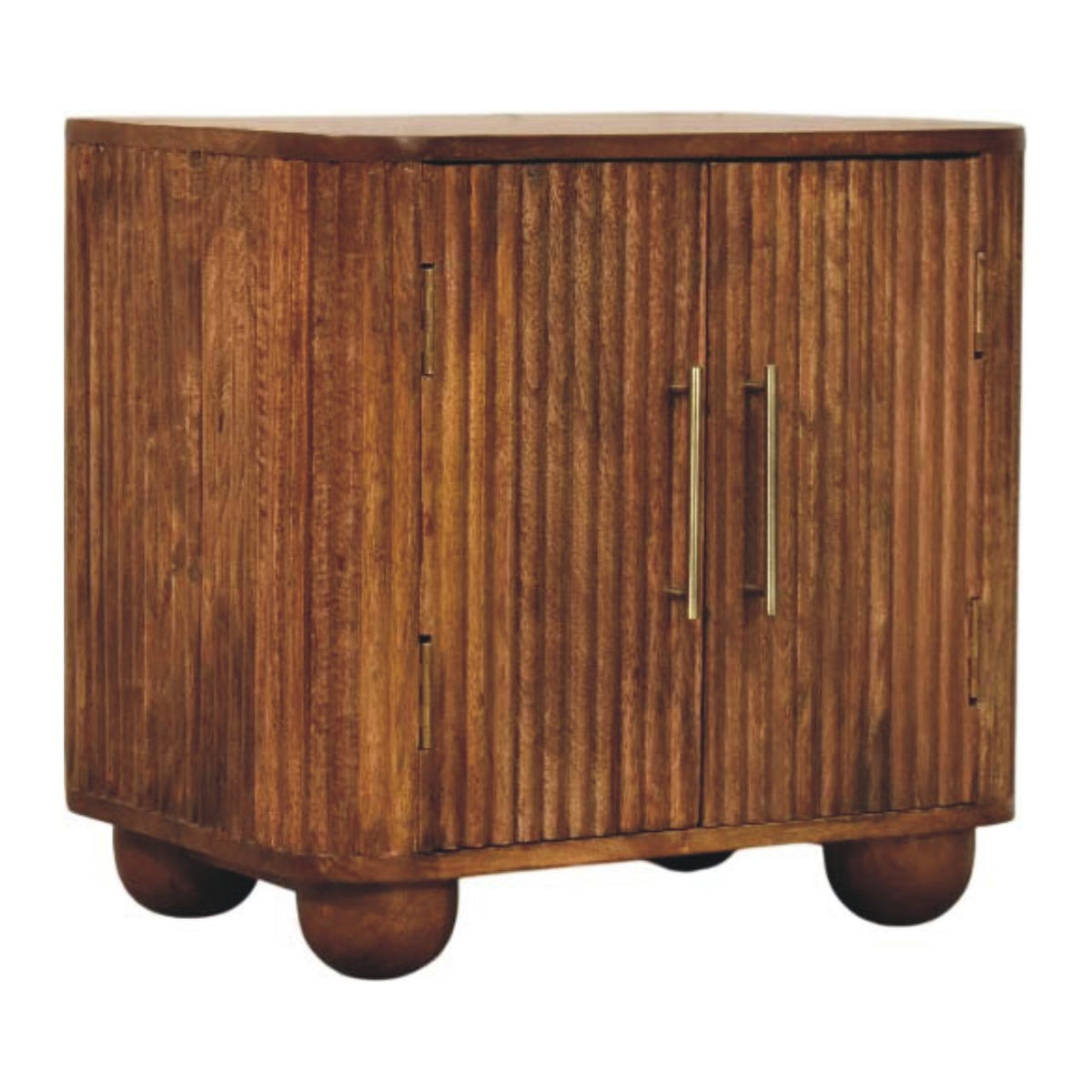 Mini-dressoir Zon met ribbels van massief mangohout in amber-eikentint – schuin vooraanzicht