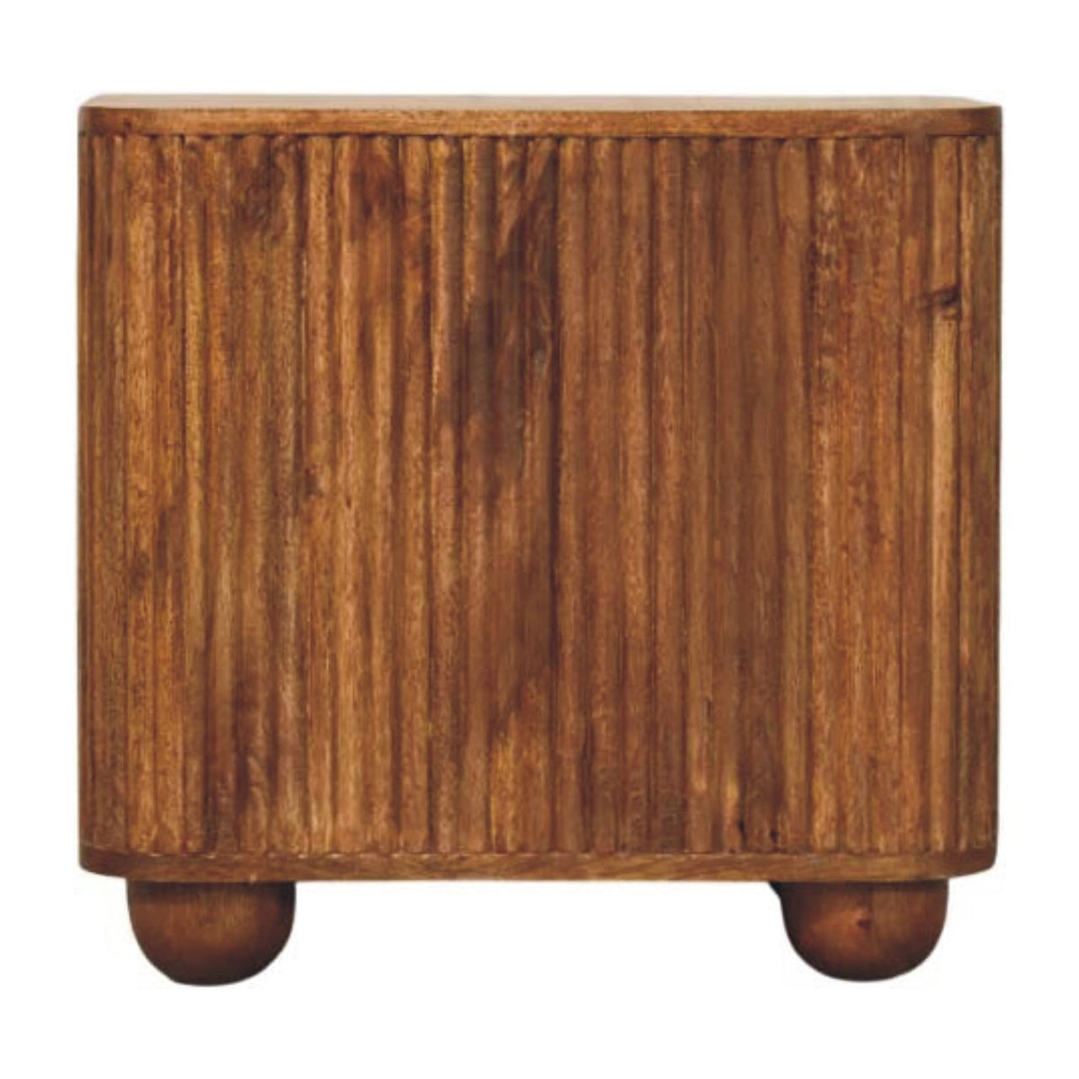 Mini-dressoir Zon met ribbels van massief mangohout in amber-eikentint – achteraanzicht