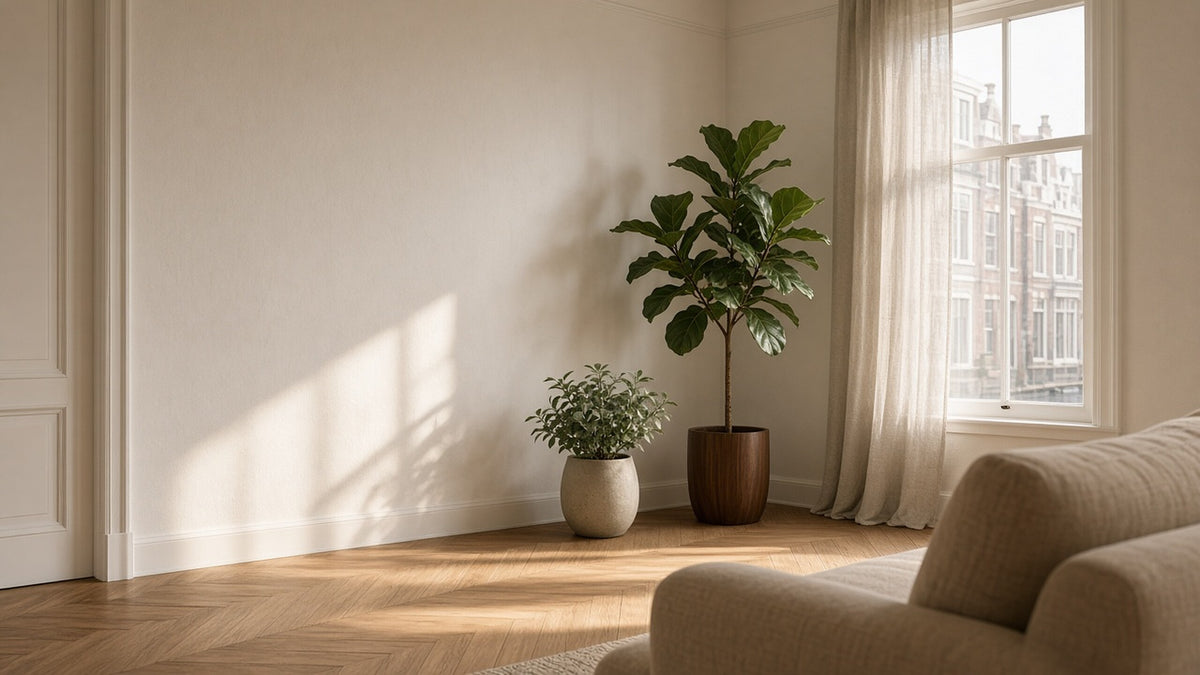 Licht interieur met houten vloer, lichte bank en kamerplanten in zacht daglicht